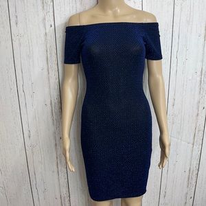 Anthro Haute Monde Blue Metallic Blue Bodycon Off-the-Shoulder Dress Size Small